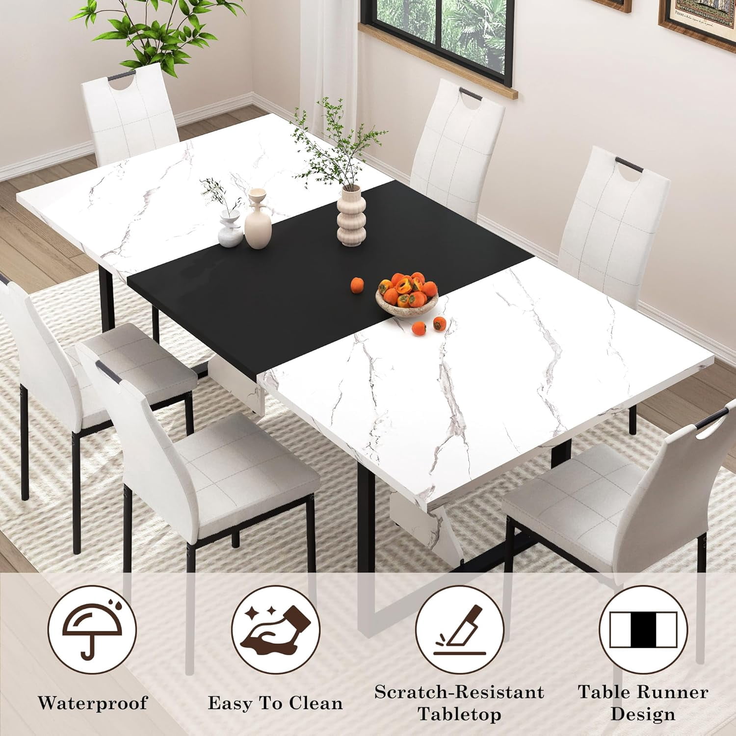 ChVans 7 Pcs Dining Table Set for 4-6 People with Chairs,71" Kitchen Dinner Table W/Waterpoof Wooden Tabletop,6 PCS Upholstered PU Chairs,Rectangular Wood Tables W/Adjustable Leg for Home Dining Room