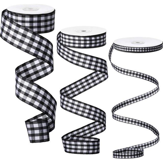 Cinta de tela escocesa de búfalo de 100 yardas Cintas de tela escocesa a cuadros de búfalo de 3 tamaños Cinta de guinga ancha para decoración floral, artesanal, festiva (blanco y negro). Afortunado Sencillez