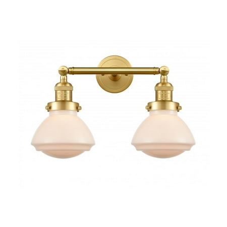 

Satin Gold Tone Bathroom Vanity 17 Wide Matte White Glass Steel/Cast Brass Medium Base LED 2 Light Fixture