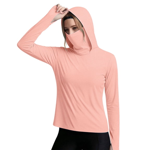 HappyYEE Women’s Upf 5  Sun Shirts with Hooded Long Sleeve Thumb Sleeve Rash Guard Summer Outdoor Sun Protection Top with Face Mask Rose Gold S
