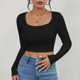 thumbnail image 2 of Oalirro Women's Square Neck Long Sleeve Crop Top Slim Fitted Shirt Sexy Casual Base Layer Soft Shirt Going Out Tops, 2 of 4