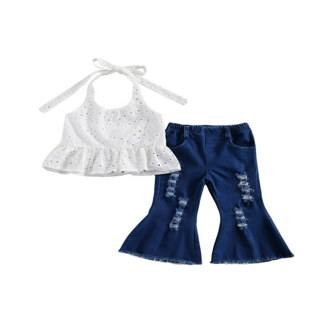 2 Pcs Girl‘s Suit Halter Hollowed-Out Camisole Top Ripped Bell-Bottomed Jeans