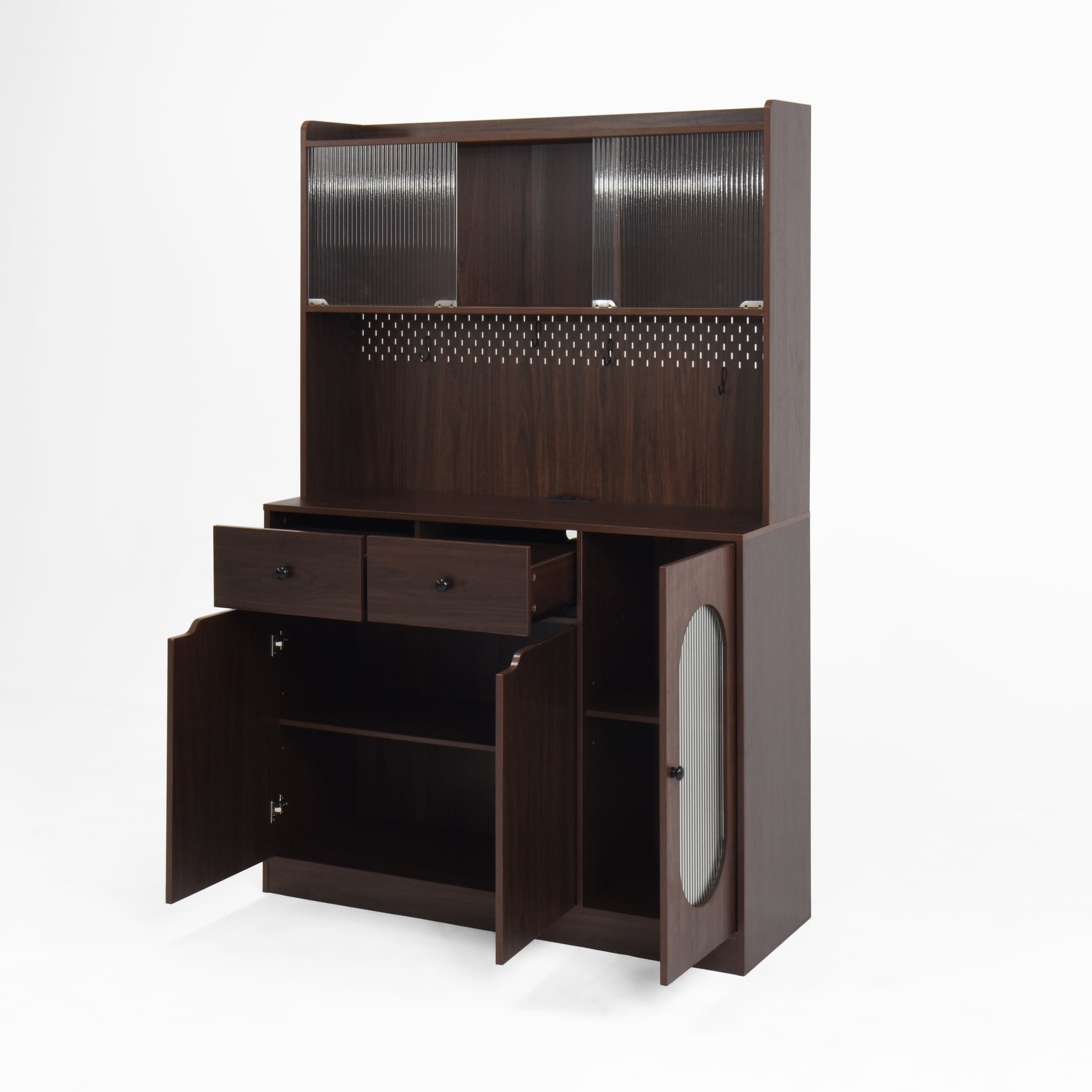 Noble House 71" Tall Kitchen Pantry Storage Cabinet with Microwave Stand, Reeded Glass Doors, Walnut