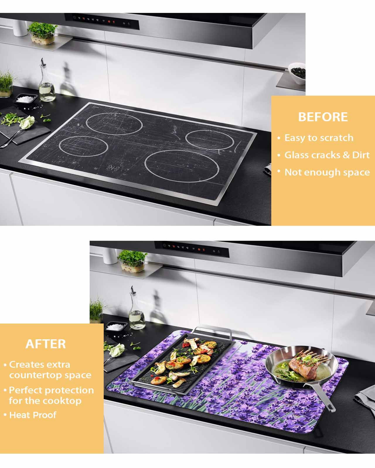 nqOlkjepod Large Induction Cooktop Protector Mat 24"x21", Lavender Botanical Art Stove Top Covers for Electric Stove, Verdant Flower Purple Decorative Stove Burner Cover Mats, Glass Top Stove Cover