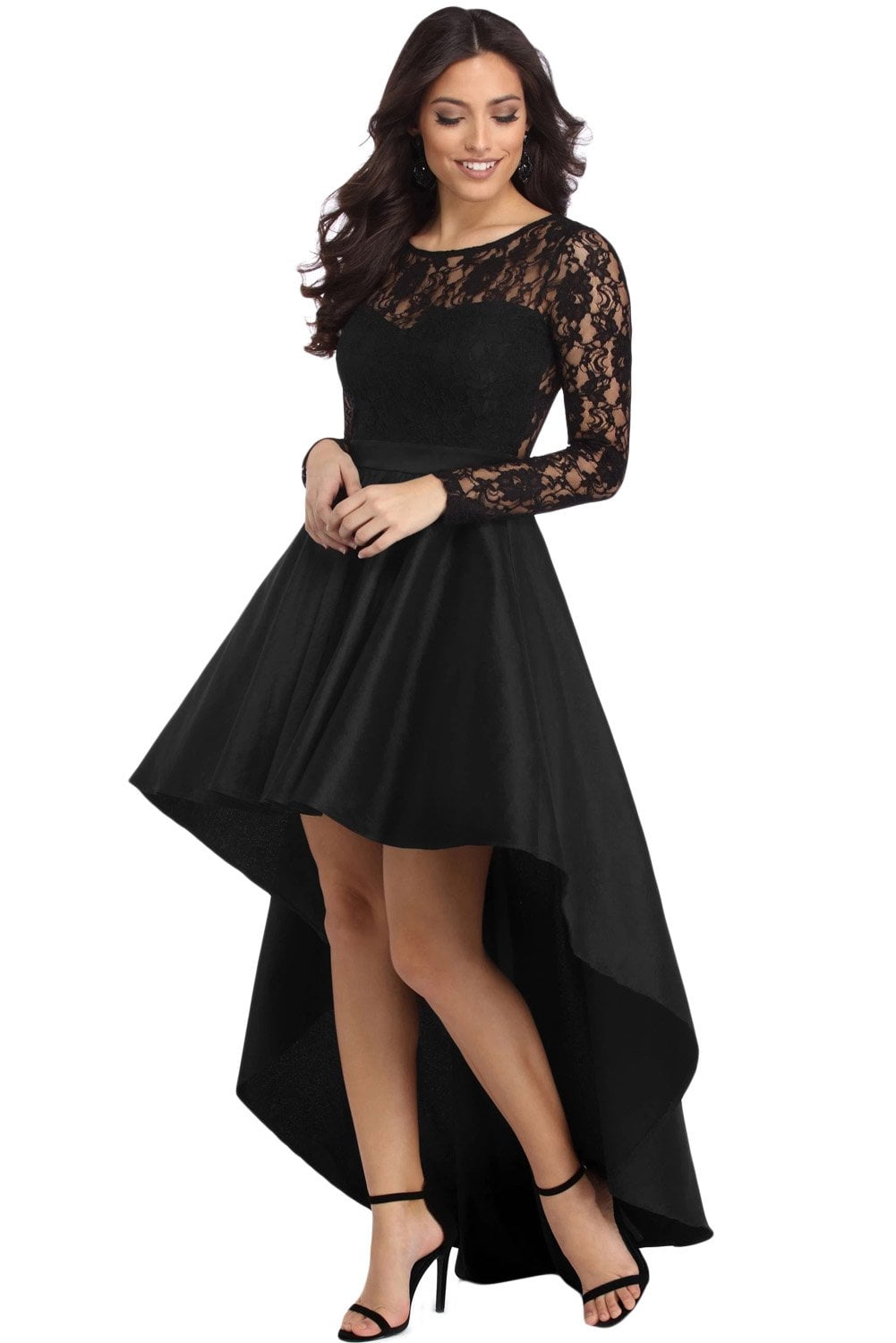 Women Black Long Sleeve Lace High Low Satin Prom Dress - (US16-18) XL