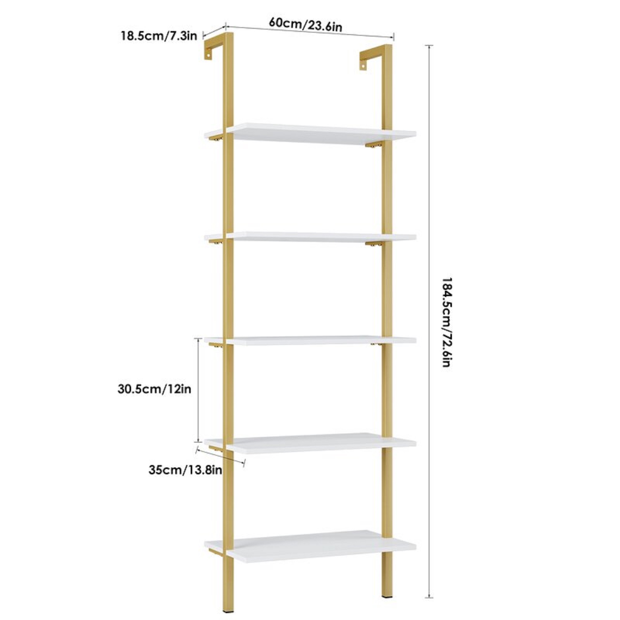 Homfa Wall-Mounted 5-Tier Ladder Shelves, White with Gold photo 2