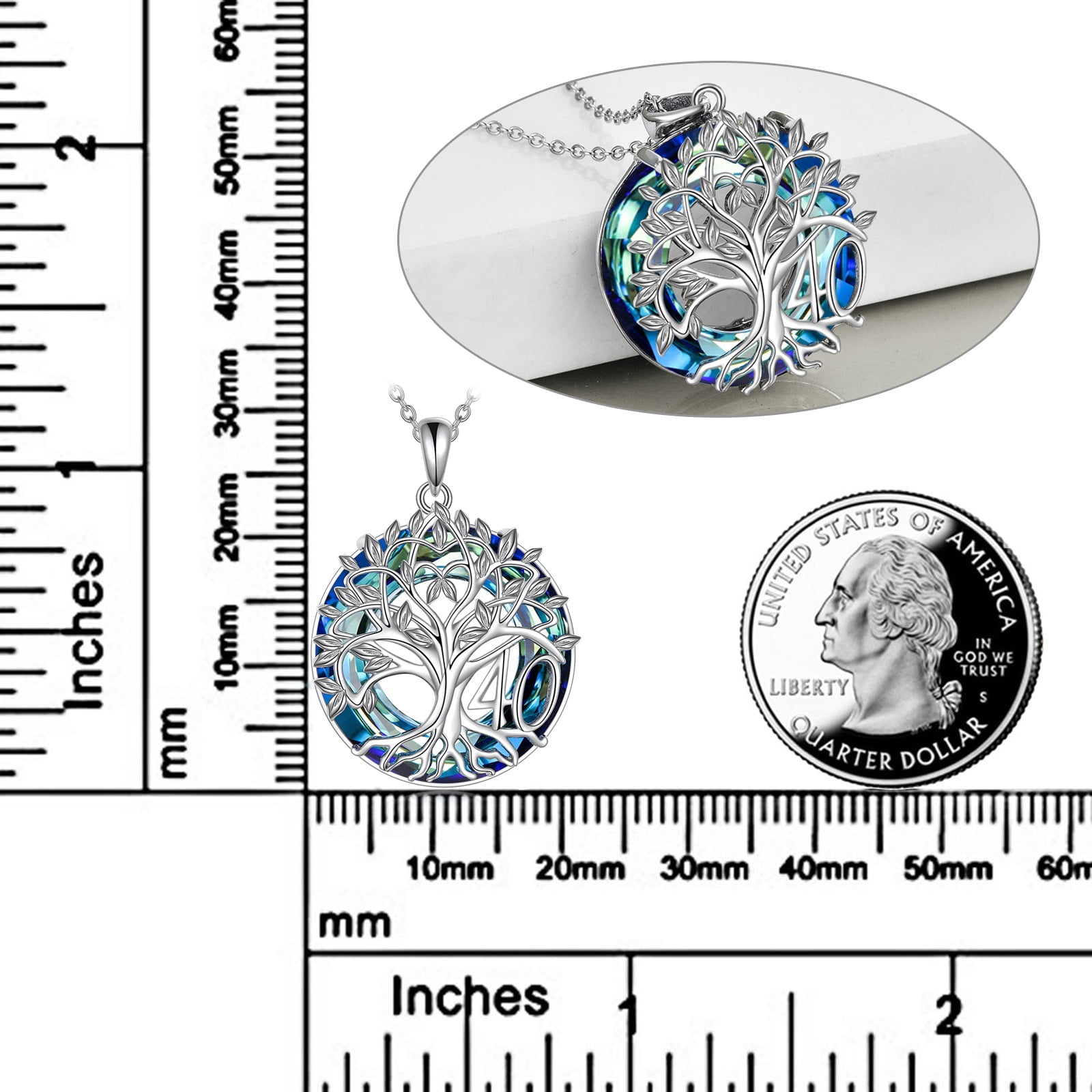 40th Birthday Gifts Necklace for Women Sterling Silver Tree of Life Necklace with Blue Artificial Crystal Mothers Day Christmas Jewelry Gifts for Mother Wife