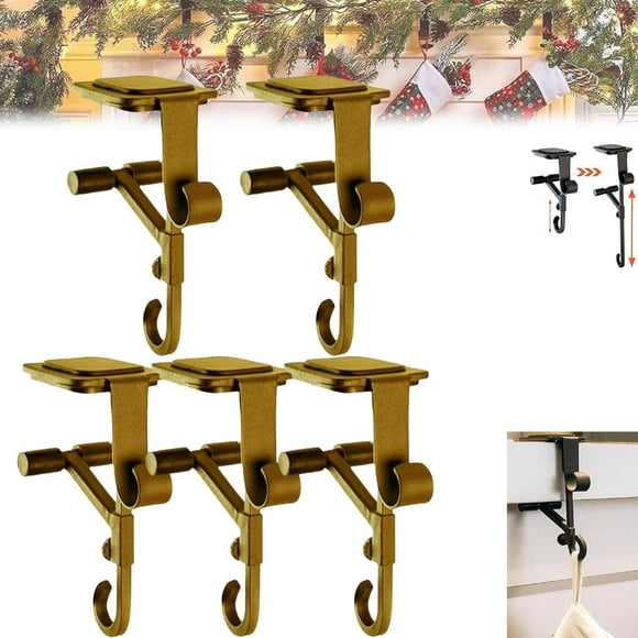 5Pcs Fireplace Stocking and Garland Hanger, Paeose Garland Holder for Mantle, Adjustable 2 in 1 Double Mantel Hangers for Front Door, Christmas Stocking Holder for Home Decoration (Gold)