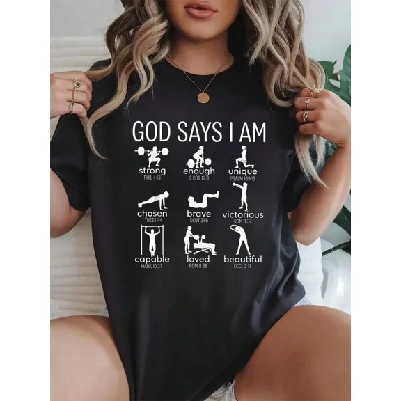 100% Pure Cotton God Says I Am Christian Workout Gym Funny Printed T-Shirt For Women,Comfortable Summer Styles,Suitable For Womens' Daily Casual Wear