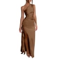 thumbnail image 2 of BRGZLK Women's One Shoulder Dresses High Split Bodycon Ruched Satin Prom Dress Asymmetric Hem Cocktail Wedding Party Maxi Dress Date Night Outfits Brown L, 2 of 6