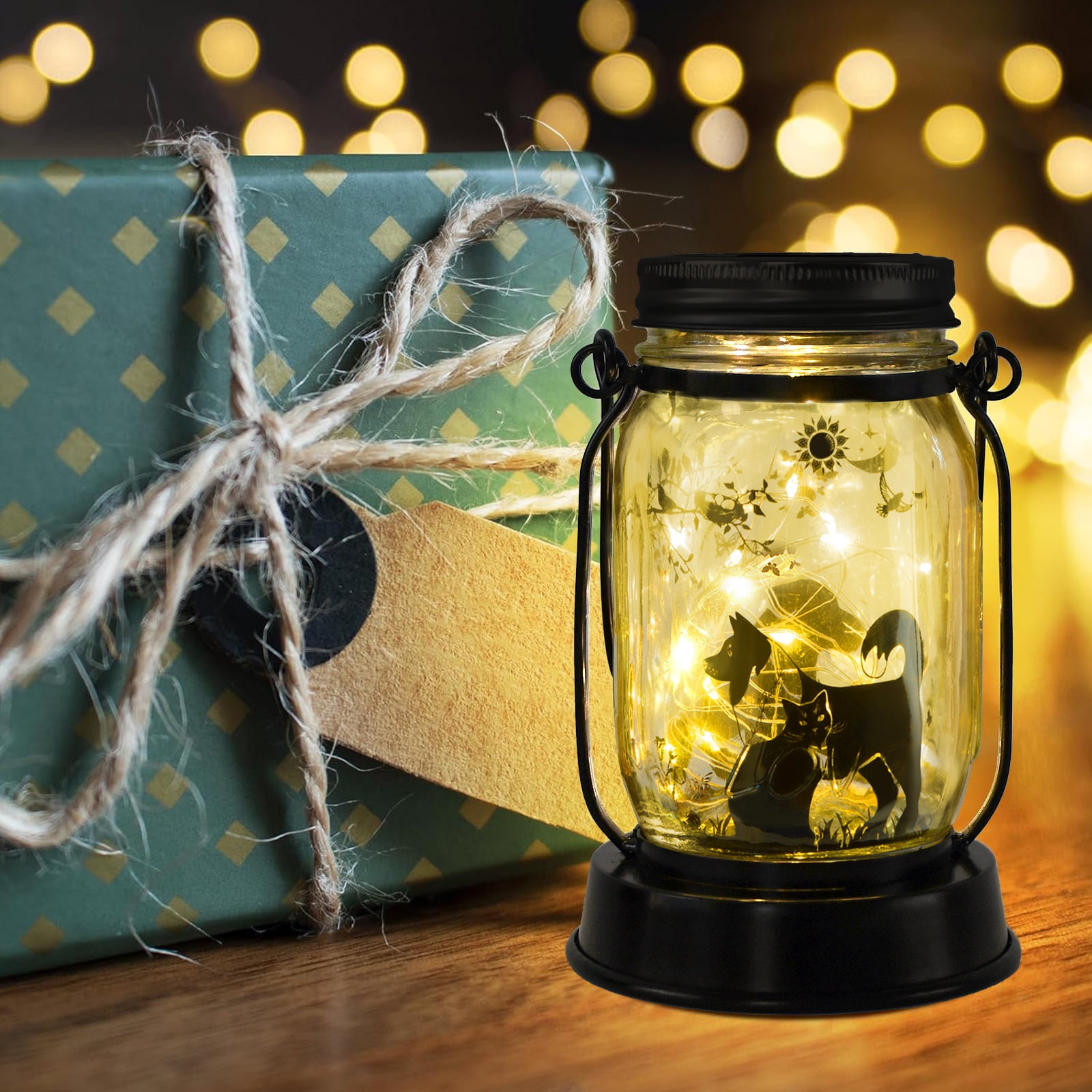 Cat and Dog Solar Lanterns Mother's Day Gift Outdoor Garden Hanging Solar Lights Fairy and Dog Lover Gifts for Women, Memorial Gifts Fairy Lights for Patio Yard Lawn Outside Decor Lamp