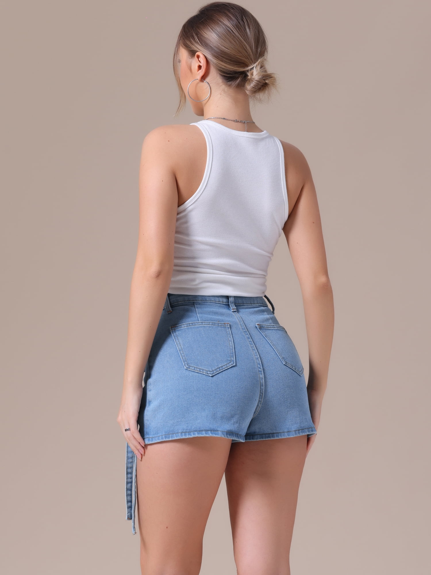 DARING DIVA Women's High Waist Western Asymmetrical Denim Cargo Skirt Shorts M Blue Grey