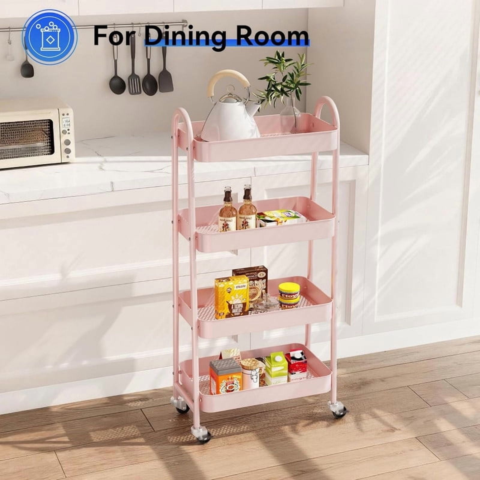 Kelno 4 Tier Rolling Cart Metal Utility Storage Cart Mobile Storage Organizer with Lockable Wheels,Pink