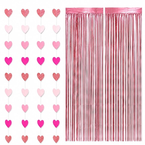 Pink Party Decorations Heart Garland 52ft & 2 Pack Tinsel Curtain Backdrop Set for Wedding, Birthday, Anniversary and Party Decoration
