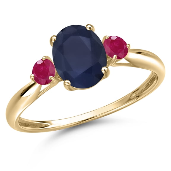 Gem Stone King 10K Yellow Gold Blue Sapphire and Red Ruby 3-Stone Ring for Women | 2.11 Cttw | Oval 8X6MM | Gemstone September Birthstone | Size 9