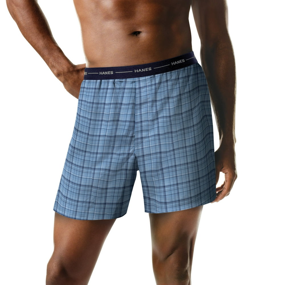 Hanes Big Men's Big & Tall Woven Boxers, Blue Plaids 2XL, 4 Pack