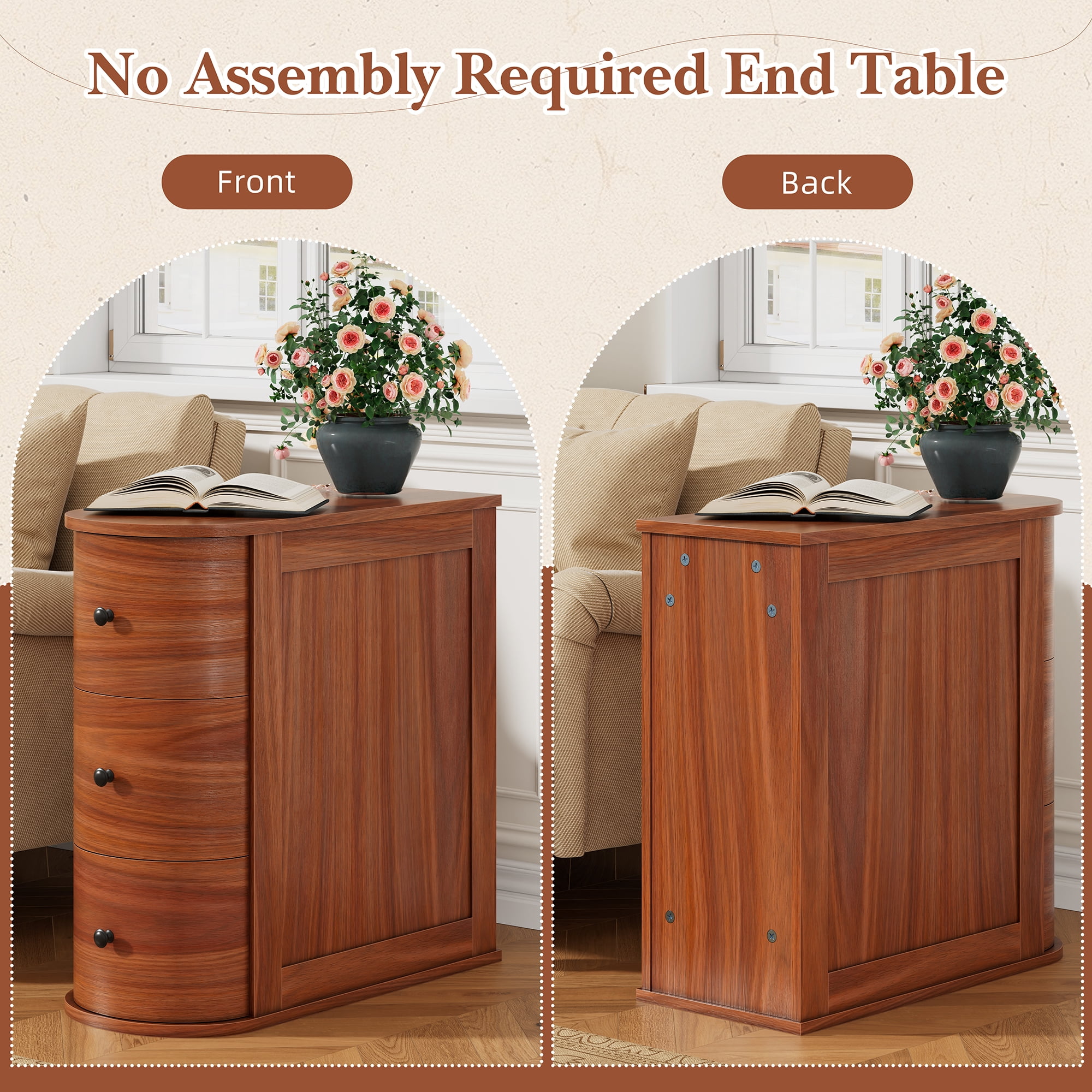 Walsunny Solid End Table with 3 Drawers, Narrow Sofa Side Table with Storage, Vintage Slim Bedside Table Curved Wood Side Table for Living Room, Entryway, Bedroom, Cherry Finish