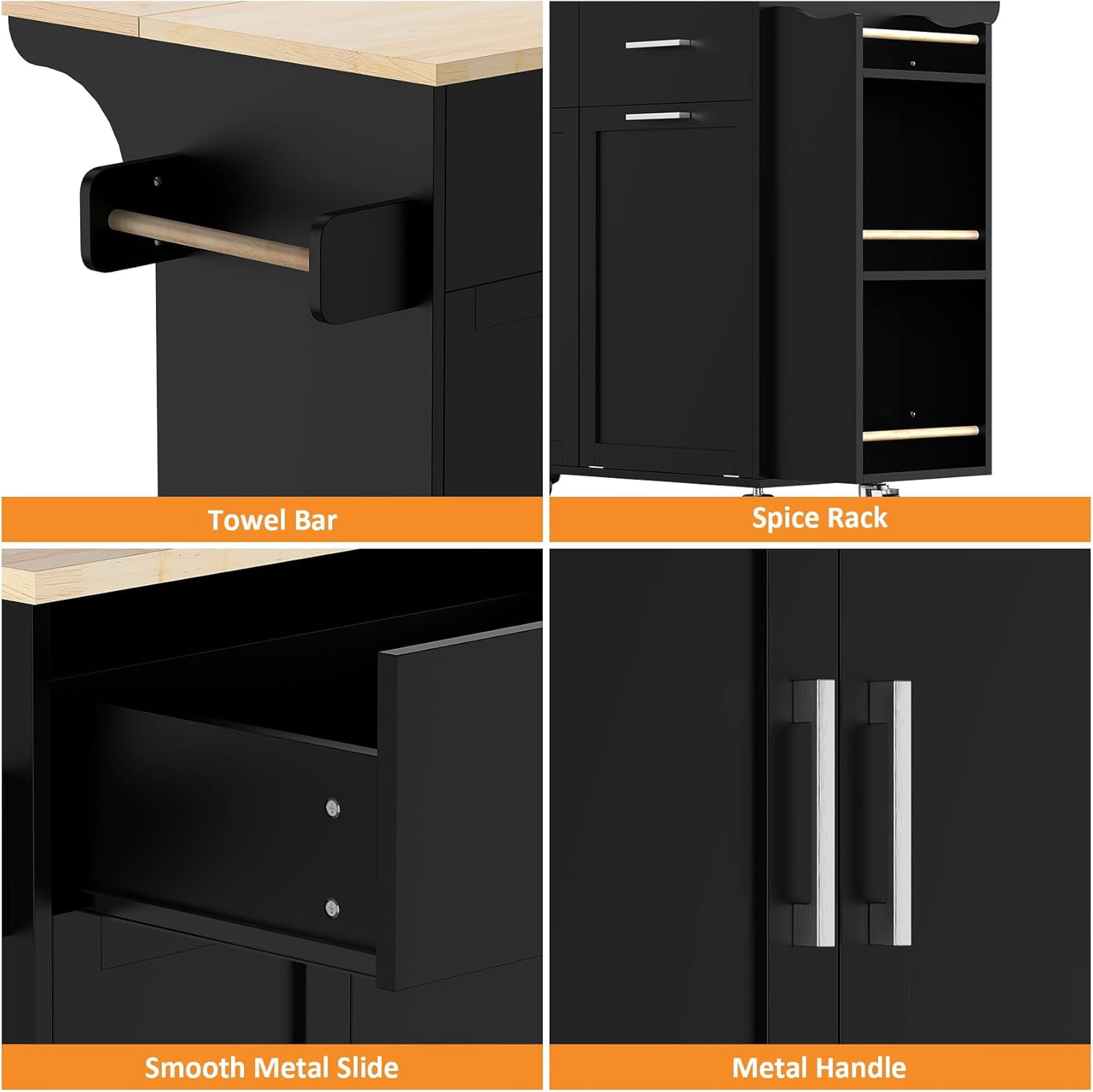 Frmobepts Rolling Kitchen Island with Drop Leaf, Tilt Out Kitchen Trash Cabinet 10 Gallon Storage, Kitchen Cart Island with Rubber wood Top, Spice Rack and Drawers,Black