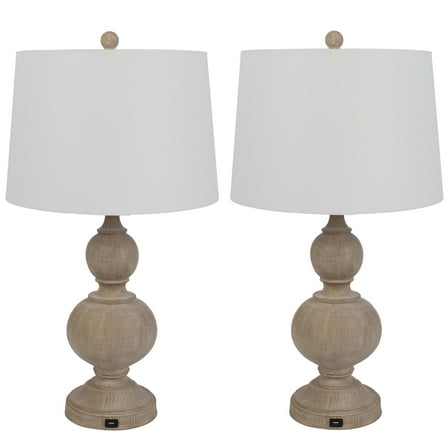 Lavish Home Table Lamps (Set of 2) - Bedside Lamps with USB Charging Ports (Whitewash)