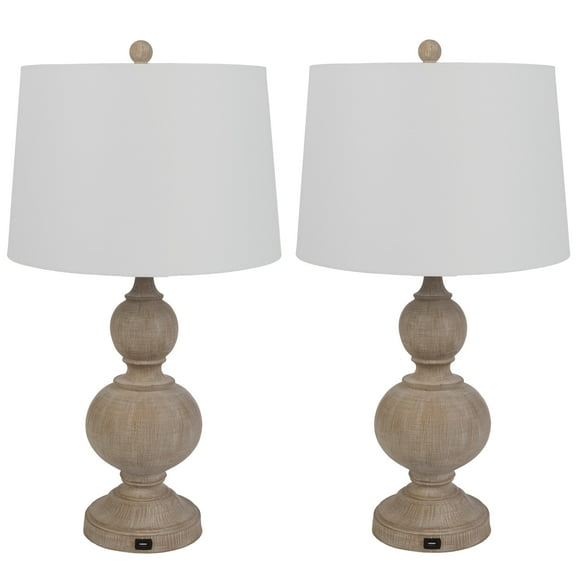 Lavish Home Table Lamps (Set of 2) - Bedside Lamps with USB Charging Ports (Whitewash)
