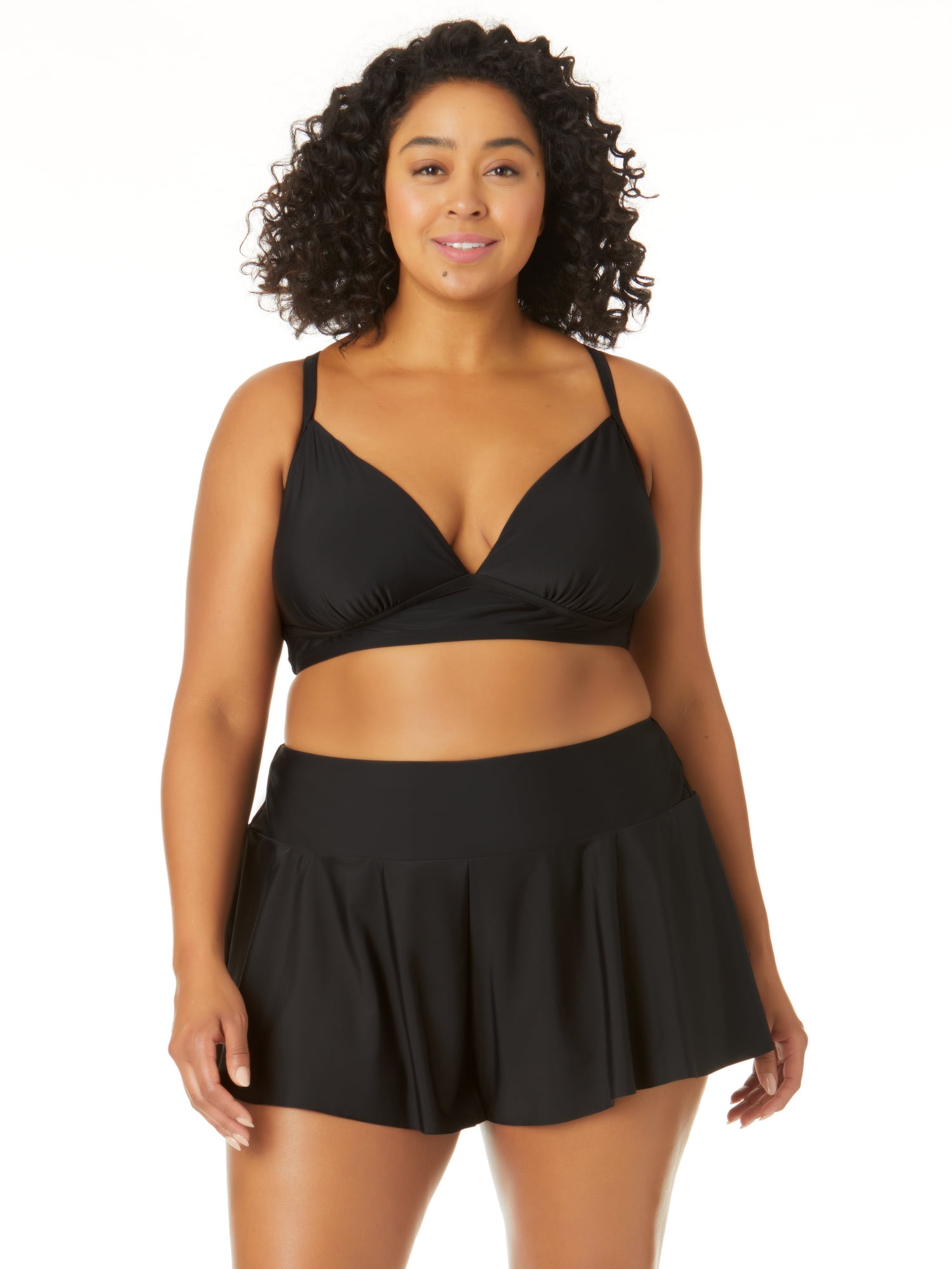 Time and Tru Women's and Plus Solid Black Mid Rise Swim Short Bottom