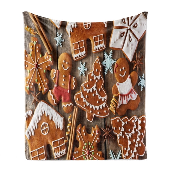 Gingerbread Man Soft Flannel Fleece Throw Blanket, Tasty Looking Traditional Cookies Little Snowflakes Cinnamon, Cozy Plush for Indoor and Outdoor Use, 60" x 80", Umber Pale Brown White, by Ambesonne