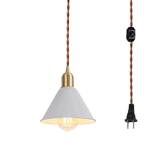 KAYYELAMP Dimmable Pendant Light Plug in Cord 15 Feet E26 Brass Base White Metal Cone Shade Vintage Design Hanging Lamp for Kitchen Stairs Farmhouse(No Bulb)