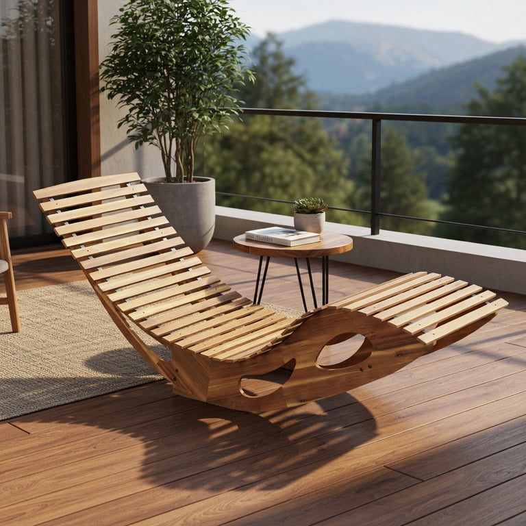 Topcobe Acacia Wood Patio Rocking Sun Lounger Chaise Lounge with Ergonomic Curved Seat, Modern Outdoor Furniture for Patio Backyard, Garden, Beige