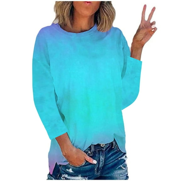 KBODIU Womens Plus Size T-Shirts Gradient Tie-Dye Print Casual Blouses Tops Oversized 3/4 Sleeve Round Neck Loose Fit Blouses Fall Clothes Basic Pullover