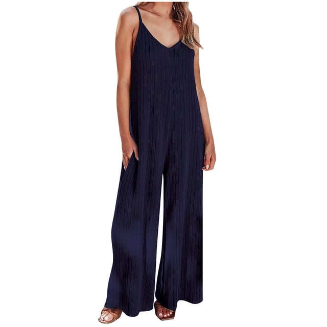 Plebaso Women's V Neck Sleeveless Jumpsuits Loose Spaghetti Strap Casual Wide Leg Rompers with Pockets