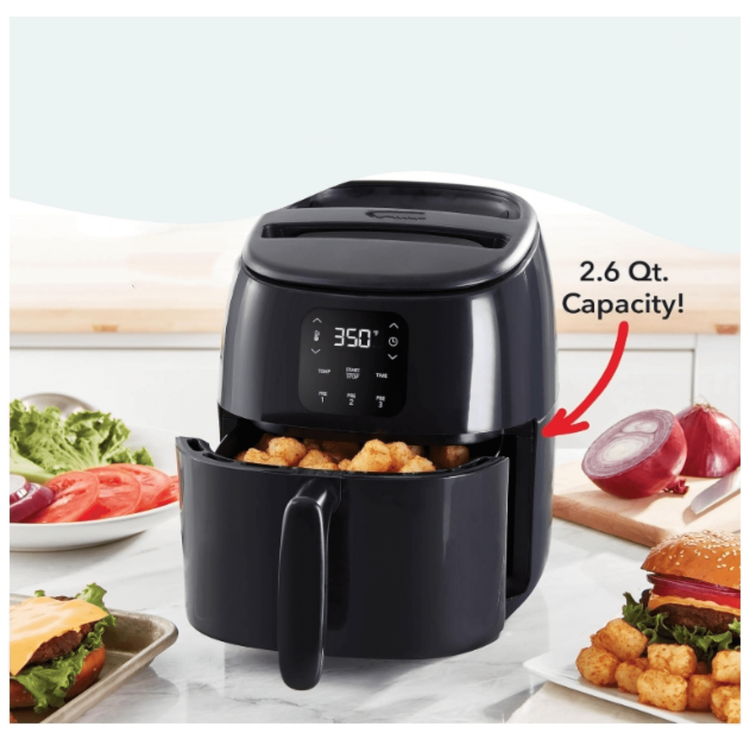 2.6 Qt., Black – Compact Air Fryer for Healthier Food in Minutes, Ideal for Small Spaces - Auto Shut Off, Digital,