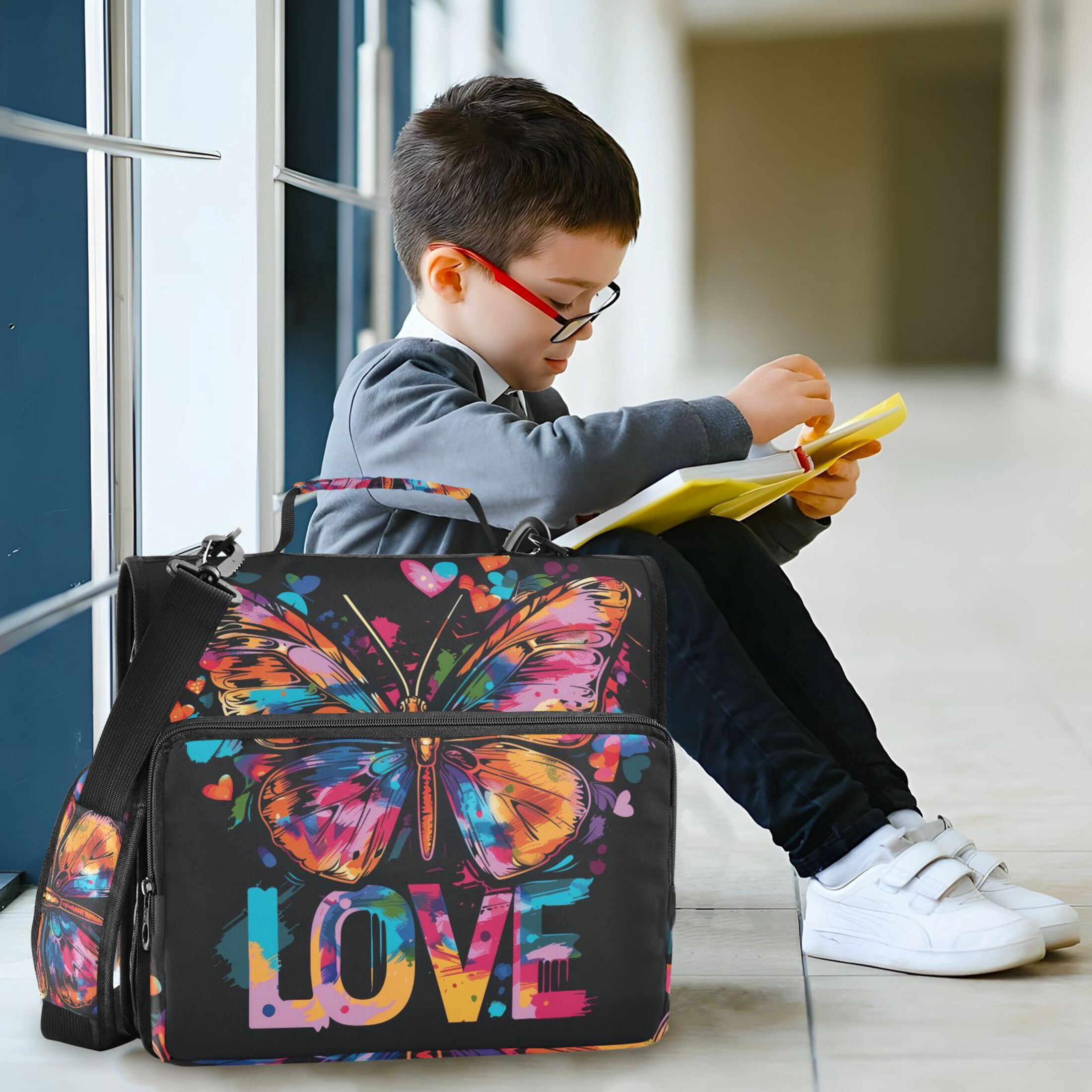 3 Ring Zipper Binder with Shoulder Strap Waterproof Trapper Keeper 2 Inch D-Ring 500 Sheets Capacity Butterfly and Love