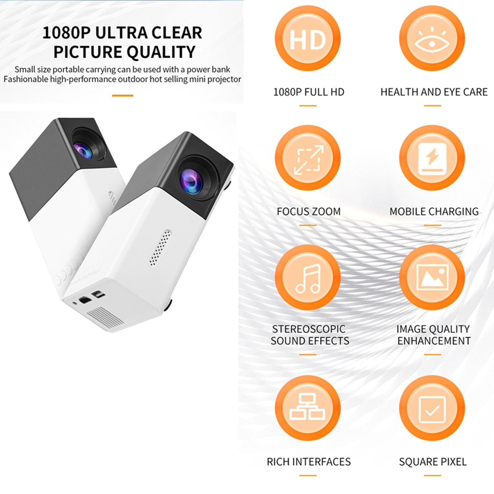 Mini Portable HD Projector with Auto Focus Wireless Built-in Speaker for Home Theater Outdoor Movies