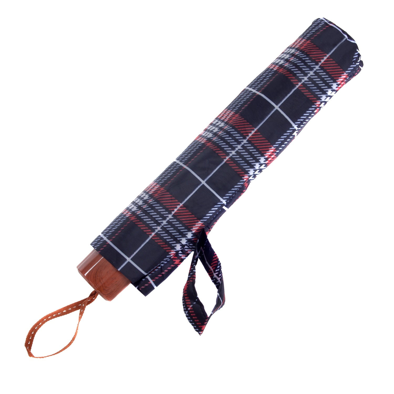 Plaid Lightweight Compact Travel Sized Windproof Nylon Umbrella With Easy Open Button