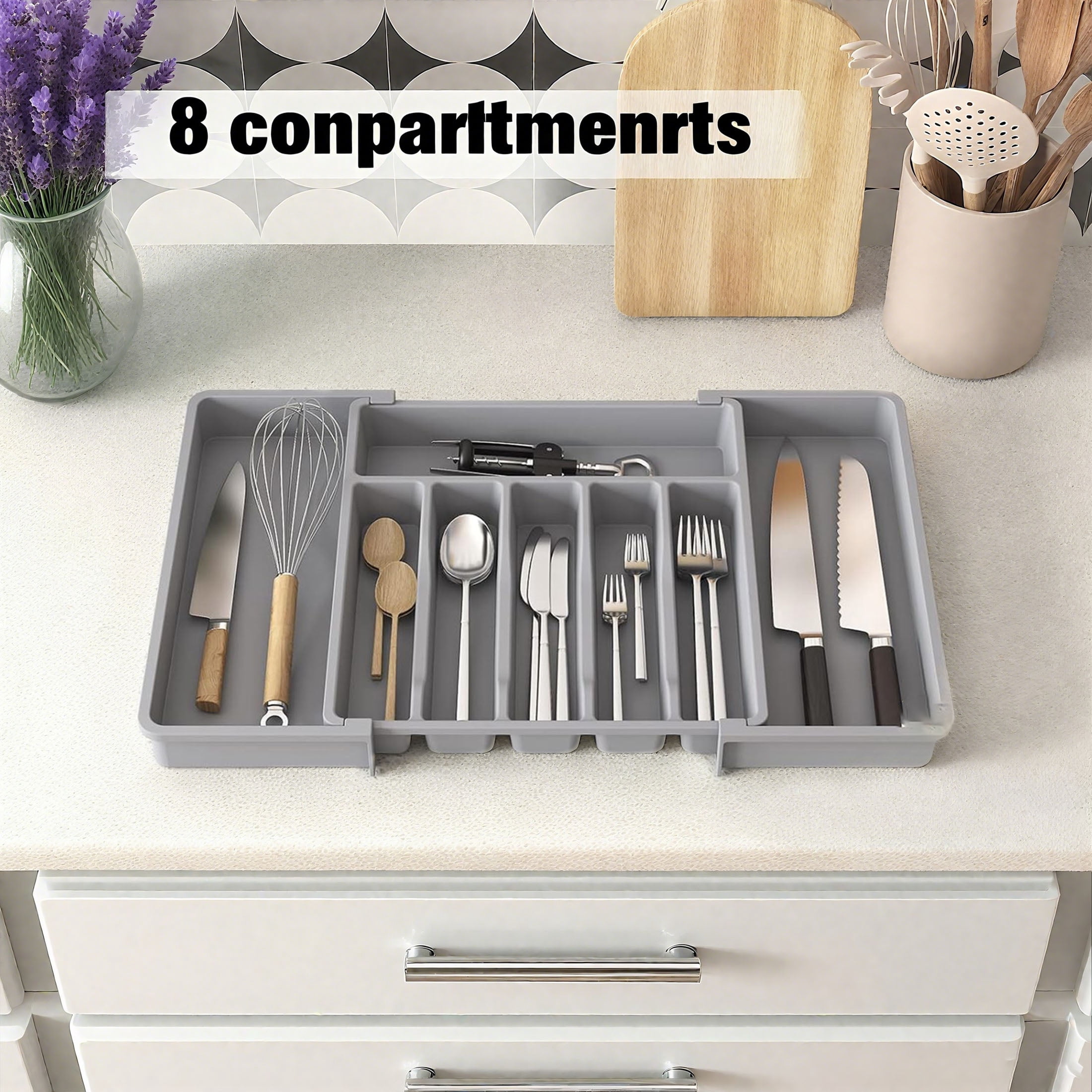 ORFELD Extendable Utensil Tray for Drawer,Multipurpose Kitchen Organizers and Storage Solution，Adjustable BPA-Free Cutlery Holder for Spoons, Forks, Grey