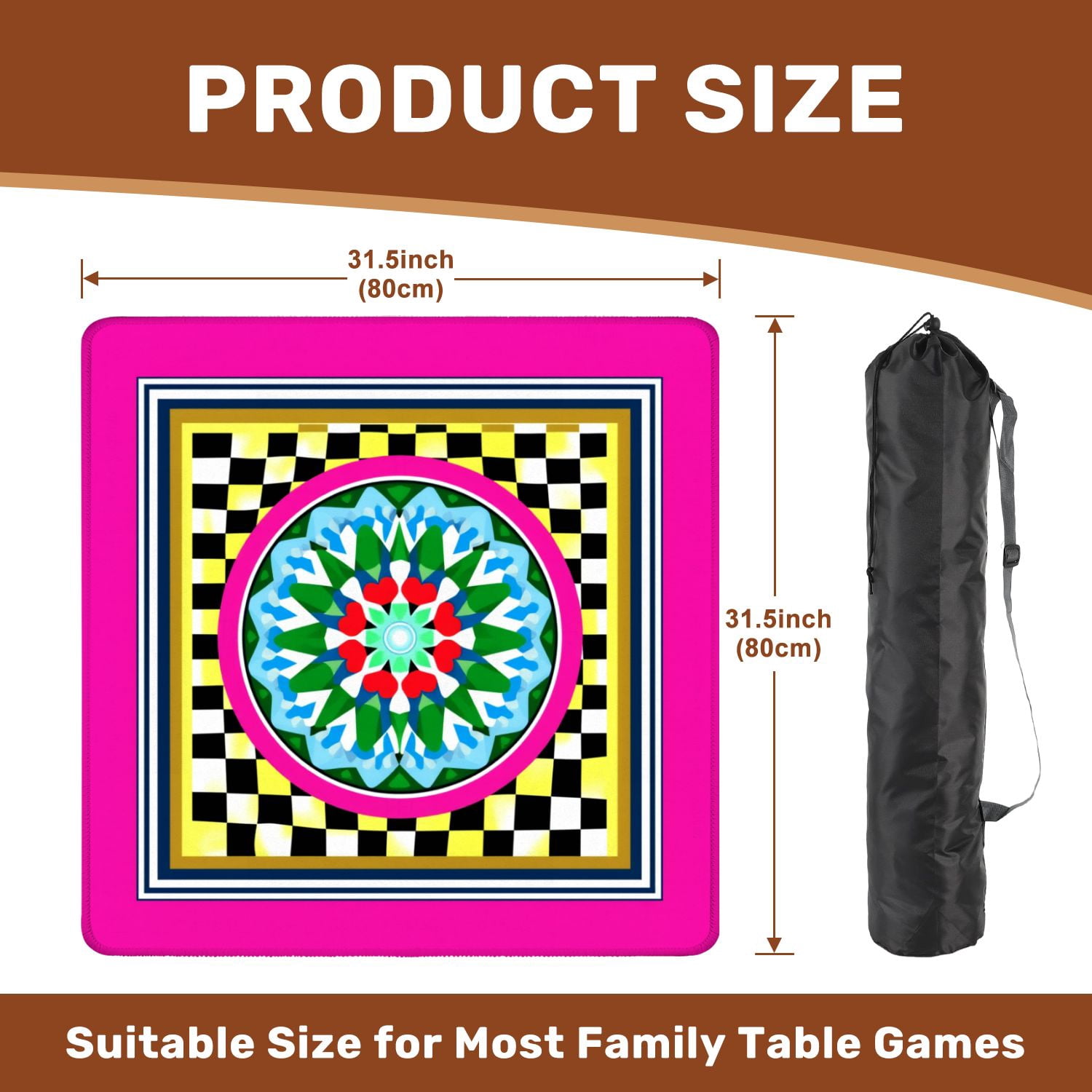 Mahjong Mat 31.5" x 31.5" Colorful Geometric Mandala Checkerboard Vibrant Floral Patterns Non-Slip Noise Reduction American Mahjong Tiles Table Cover for Dominoes Poker Card Board Games Gift