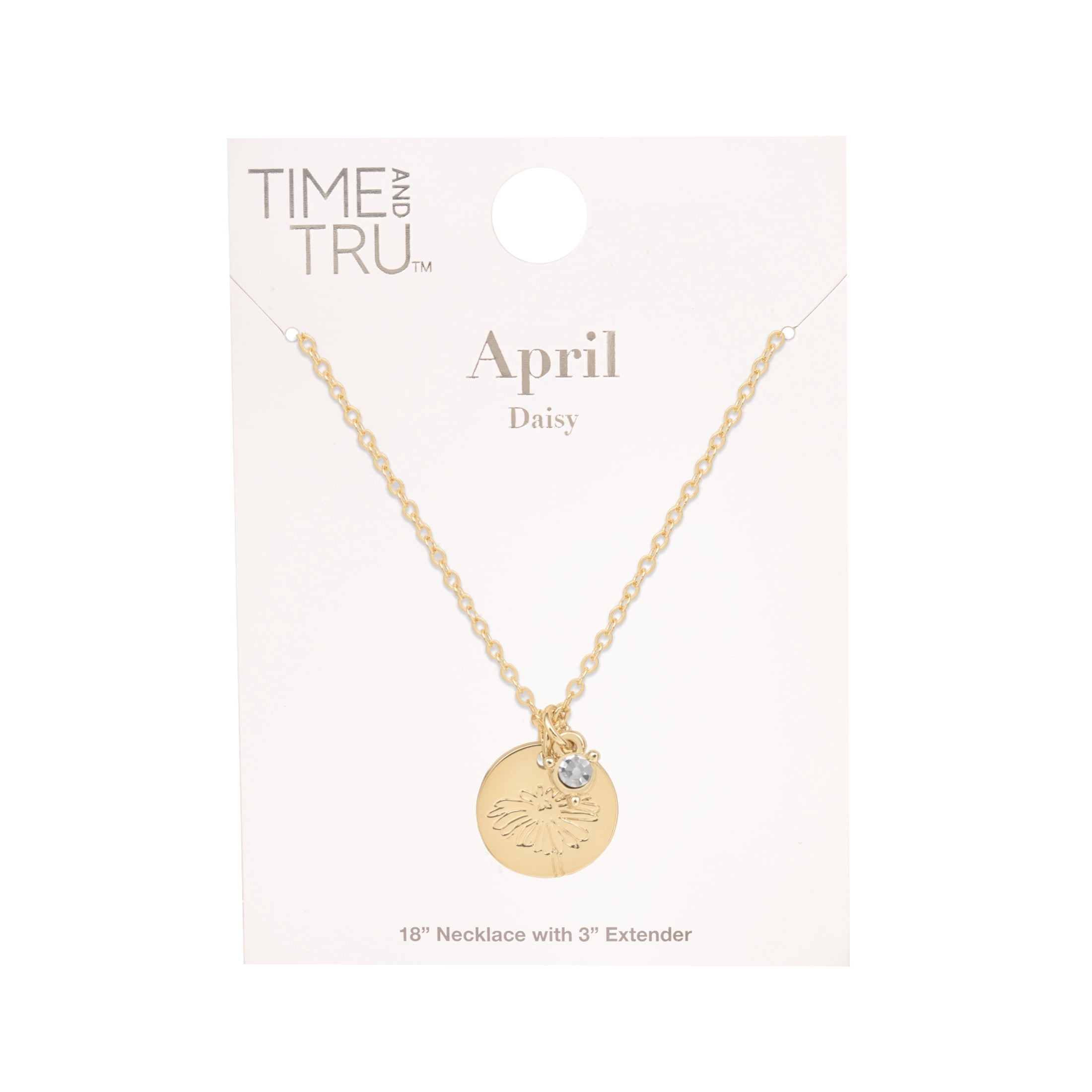 Time and Tru Women’s April Birthstone Necklace, Gold Tone Chain with Crystal Stone & Daisy Flower