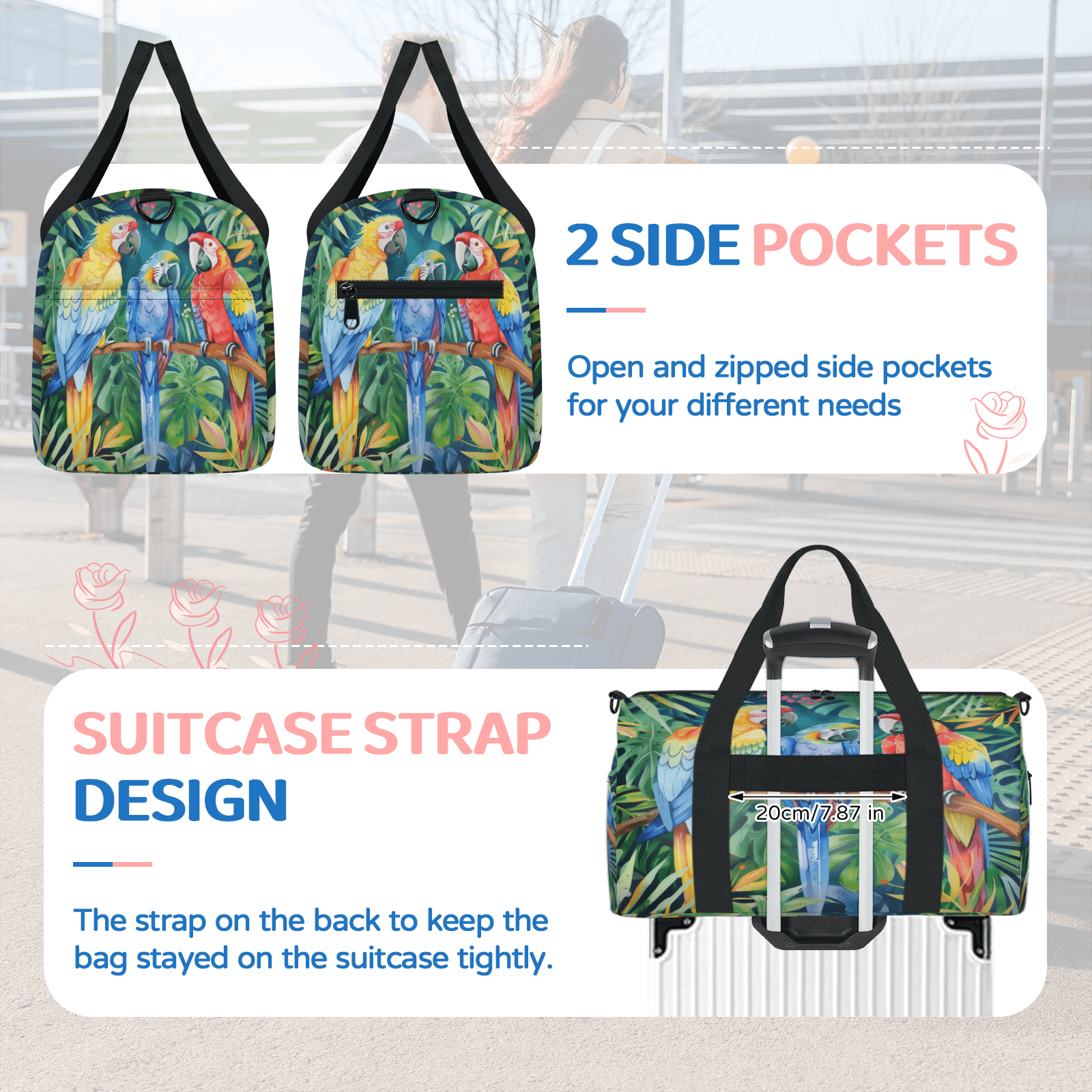 Herdesigns Parrot Bird Travel Duffle Bag Sports Yoga Weekender Overnight Carry on Workout Bags Lightweight Waterproof Gym Tote Bag for Women