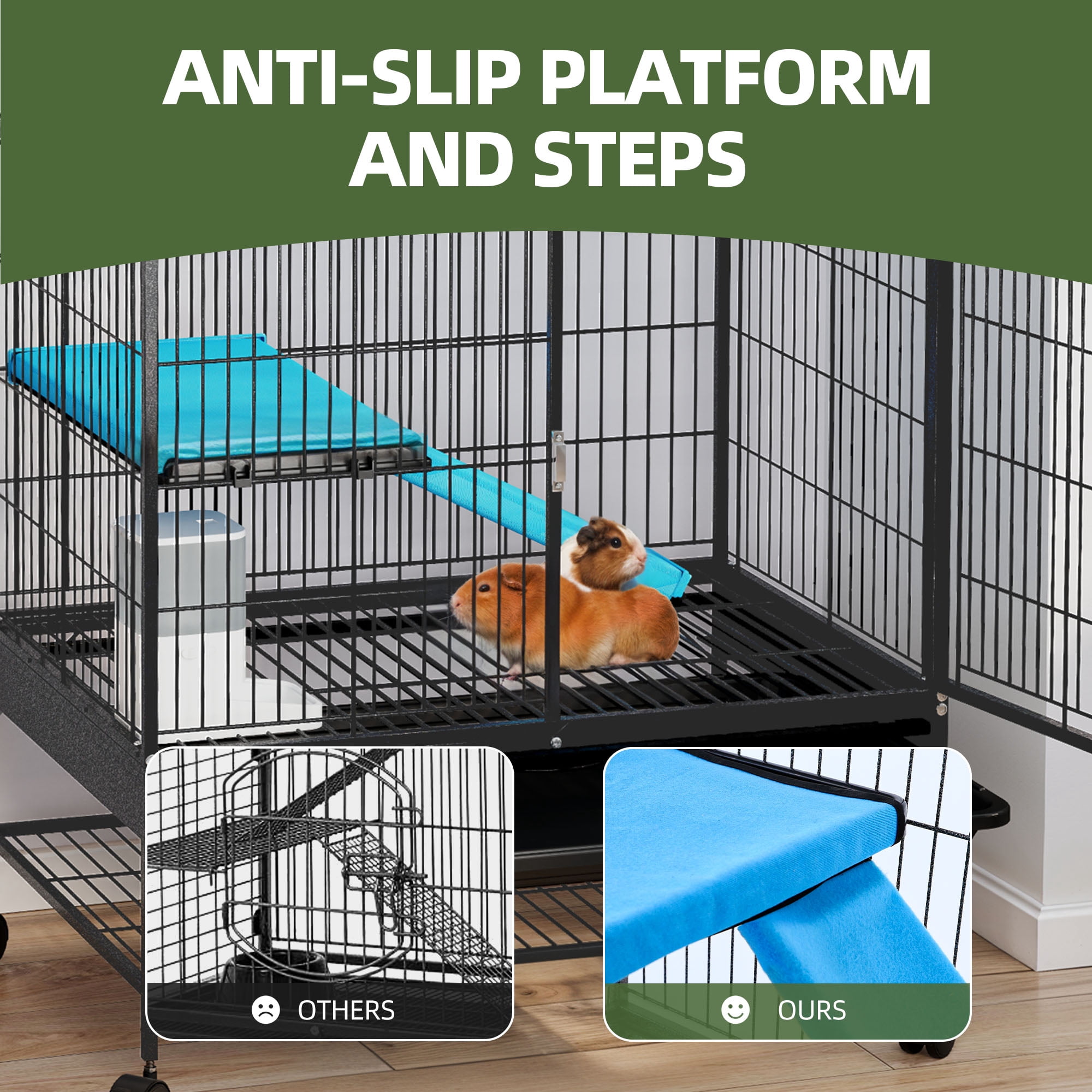 Uforic Small Animal Cage  with Platforms & stair,Indoor Metal 2-Tiers Animal Cage for Rabbits, Chinchillas and Hamsters,4 universal 360 °wheels,Black