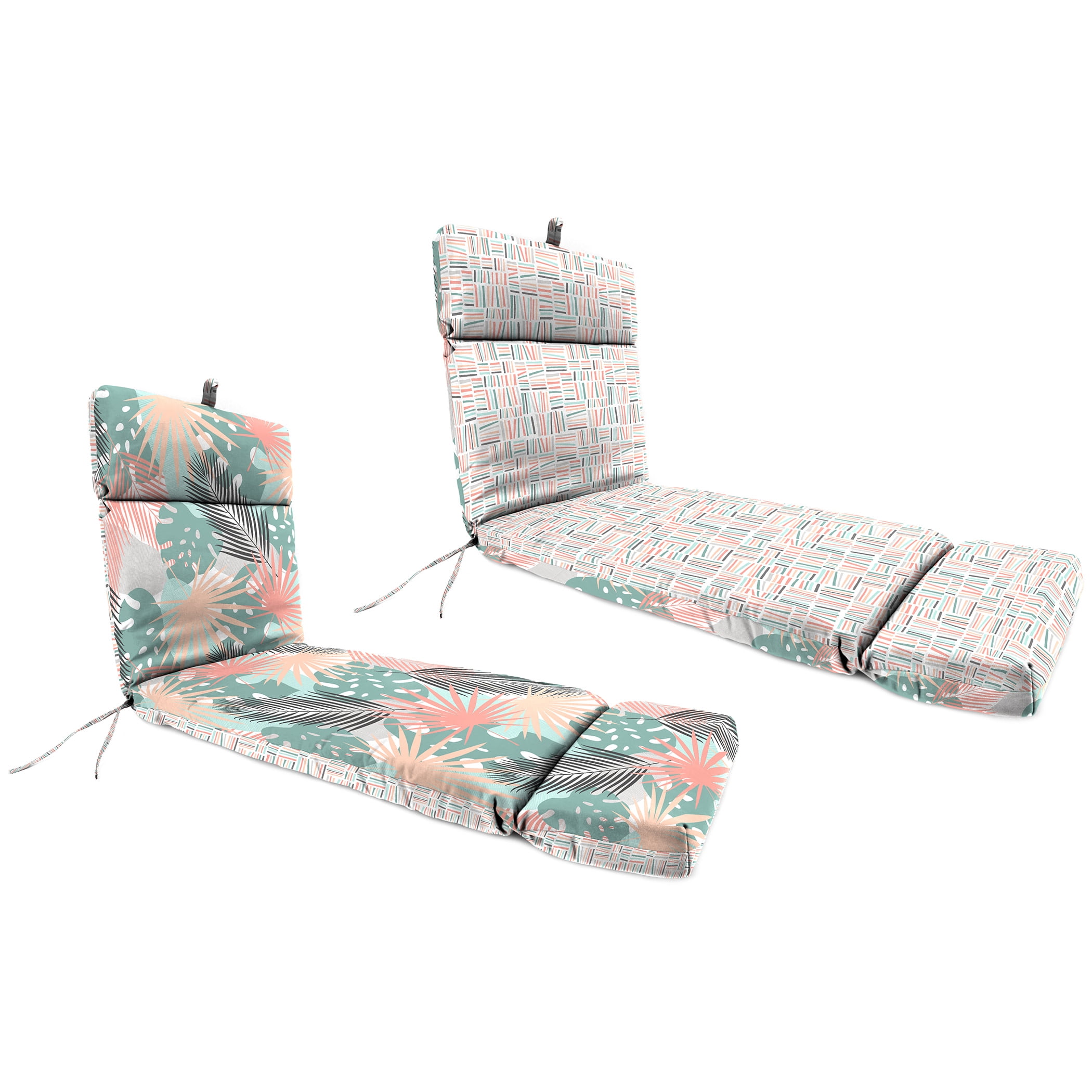 Jordan Manufacturing 72" x 23" Baloo Stardust Coral and Teal Leaves and Midas Stardust Dash Rectangular Reversible Outdoor Chaise Lounge Cushion with Ties and Hanger Loop