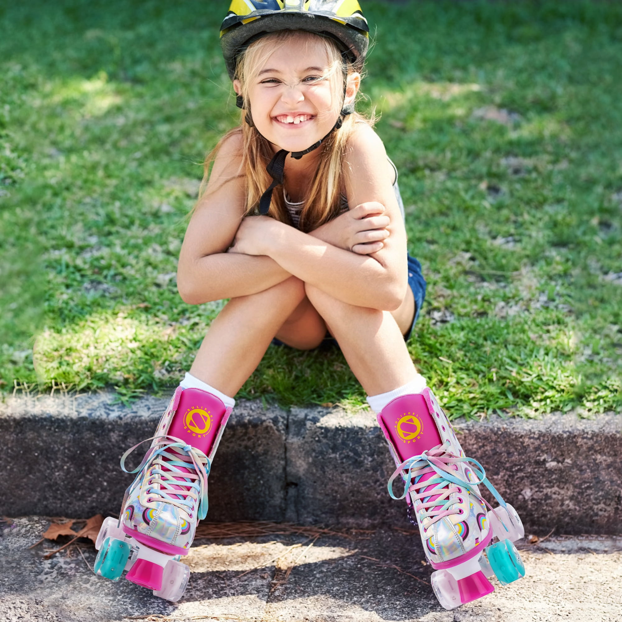 Roller Skates for Girls Light up Wheels Kids with High Top Reflective TPU Leather Rainbow Rainbow