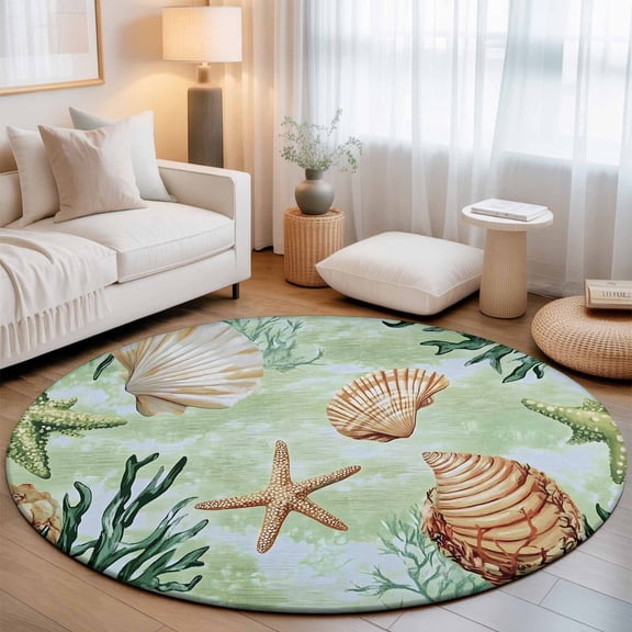 Round Area Rugs 3.3Ft, Sage Green Coastal Non-Slip Washable Circle Rugs Carpet, Summer Ocean Starfish Shell Indoor Outdoor Rug Floor Mats Throw Runner for Bedroom Living Room Bathroom