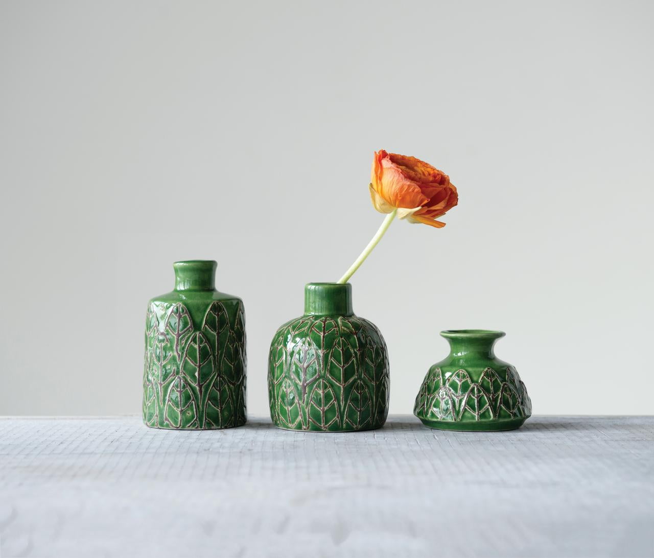 Creative CoOp Green Embossed Stoneware Vases (Set of 3 Sizes