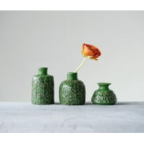 Creative Co-Op Green Embossed Stoneware Vases (Set of 3 Sizes)