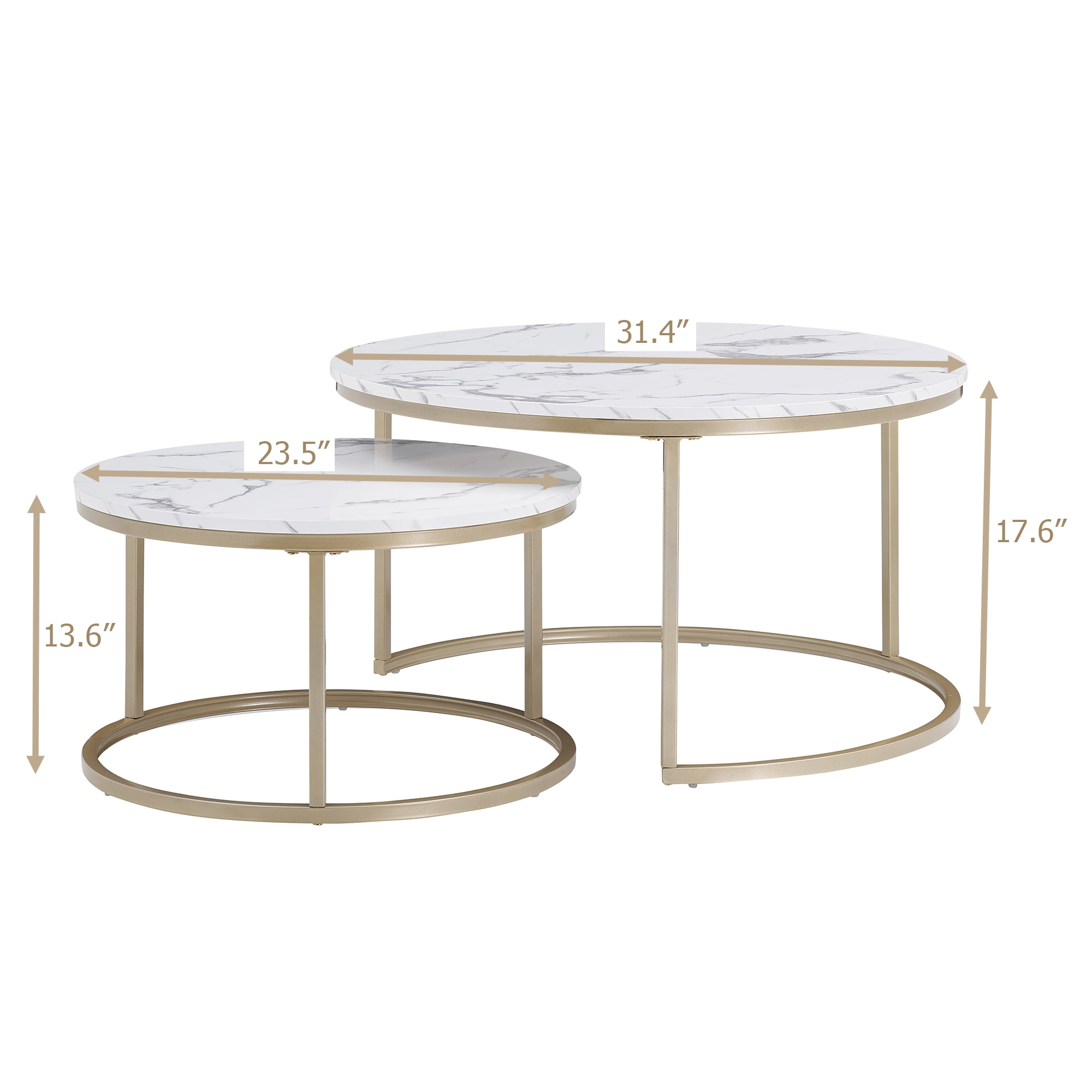 Round Nesting Coffee Table Set with 31.5 in White Faux Marble Top and Golden Legs Modern Style for living room
