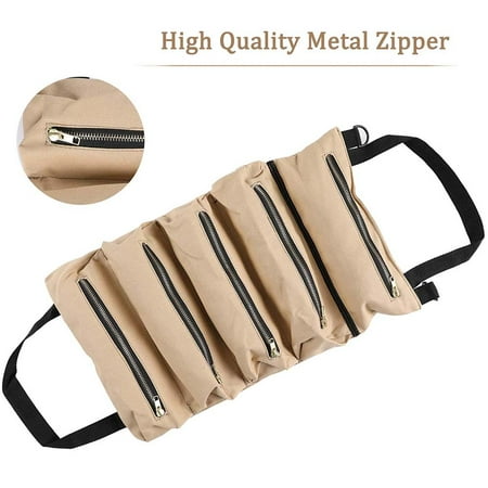 

Multi-Purpose Tool Roll Up Bag Wrench Roll Pouch Canvas Tool Organizer Bucket Compact Tool Roll Pouch with 5 Zipper Pockets