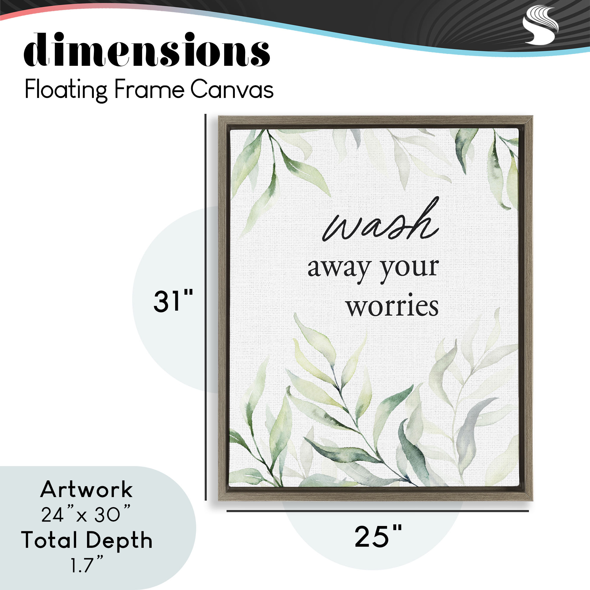 Wash Away Worries Greenery Brown Framed Floater Canvas Wall Art, design by Lettered and Lined