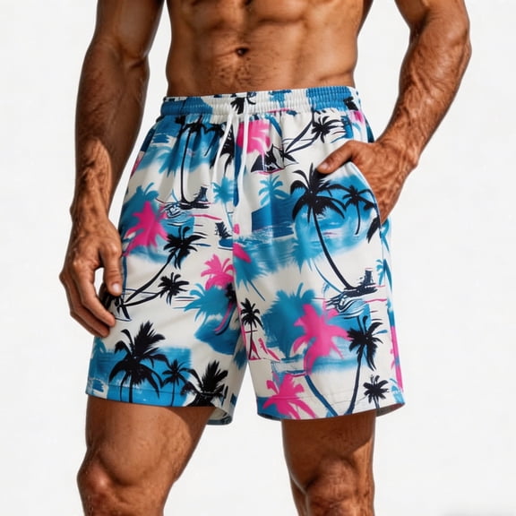 TKKCS Mens Graphic Swim Trunks- Elastic Waist Vacation Breathable Lightweight Drawstring Quick Dry Casual Beach Board Shorts Light Blue Size 2XL