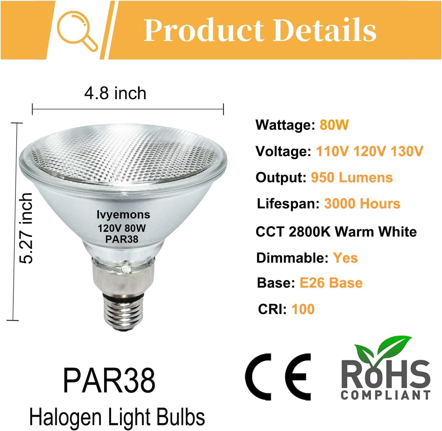 Ivyemons PAR38 Flood Light Bulbs 80W 120V E26 Base Dimmable 2800K Warm White 950 Lumens Halogen 2 Pack