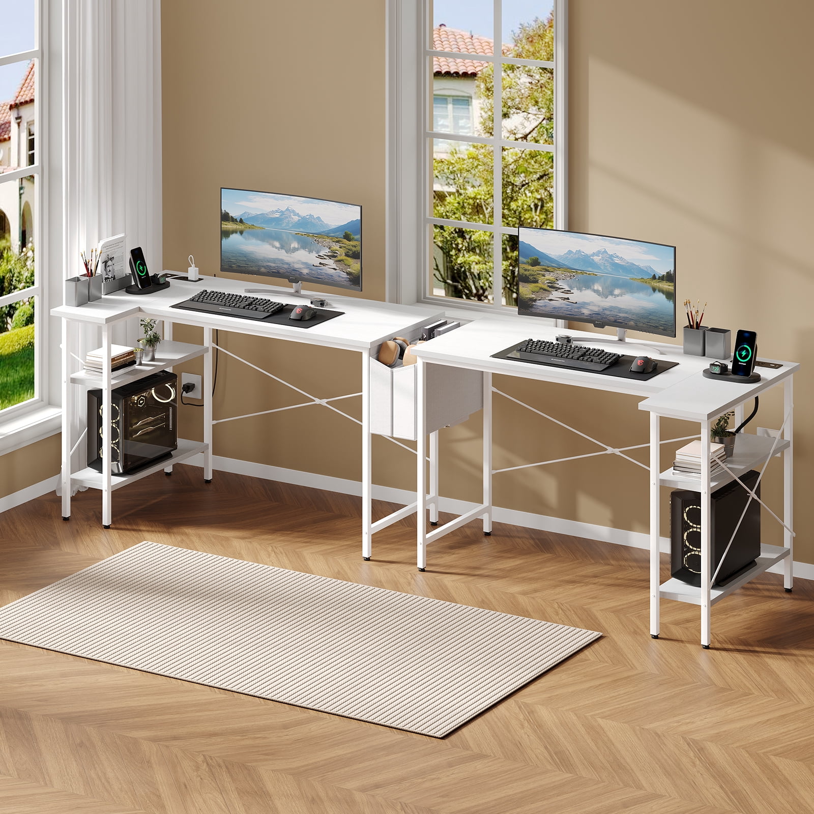 CONCETTA 39 Inch Gaming Computer Desk with Power Outlet & LED Strip, Reversible Storage Shelves for Home Office, White